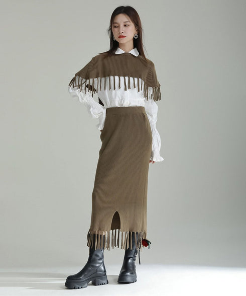 Fringe Knit Cape & Skirt Co-ord